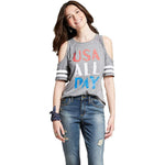 ModernLux Women's Short Sleeve USA ALL DAY Cold Shoulder Graphic T-Shirt