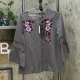 DG2 by Diane Gilman Women's Flare Sleeve Denim Top With Embroidery