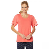 Lemon Way Women's Jersey Knit Flutter Sleeve Top Coral Medium