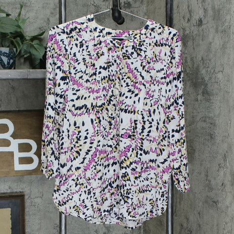 JM Collection 3/4-Sleeve Printed Pleat Back Blouse Pink Dahlia Medium
