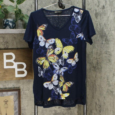 DG2 by Diane Gilman Butterfly Burnout Printed And Embellished Top Navy Medium