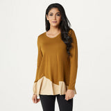 LOGO by Lori Goldstein Knit Tunic Top with Faux Suede Flounce Olive Small