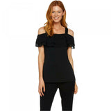 Susan Graver Women's Plus Size Premier Knit Tiered Ruffle Cold Shoulder Blouse