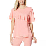 DG2 by Diane Gilman Women's Liquid Jersey Knit Ruffle Top Pink Small