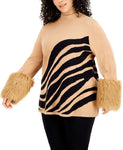 Alfani Plus Size Animal Stripe Faux Fur Cuff Pullover Sweater