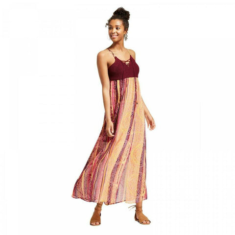 xhilaration fit and flare dress Xhilaration Ivory & Gold Geometric Fit & Flare Dress W/ Lace Bodice Size S
