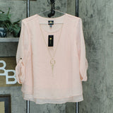 JM Collection Women's Layered Chiffon Roll Tab Necklace Blouse