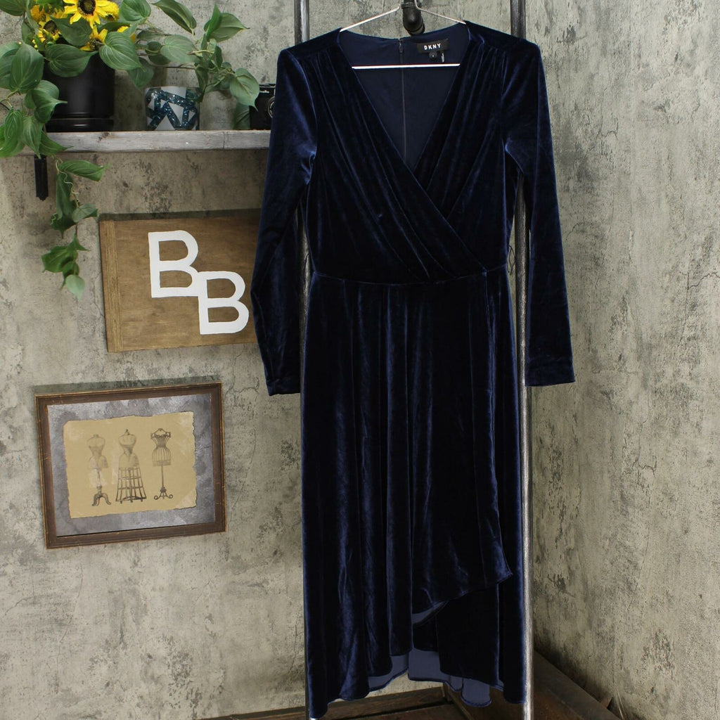 dkny blue velvet dress Dkny Velvet Midi Wrap Dress Size 16 Teal Blue Layered Party Cocktail Wedding