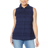 DG2 by Diane Gilman Women's Fringed Button-Up Sleeveless Shirt Navy Medium