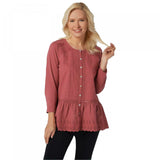 LOGO by Lori Goldstein Women's Plus Lavish Button-Front Top with Knit Sleeves