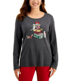 Karen Scott Petite Embellished Print Long Sleeve Christmas Top