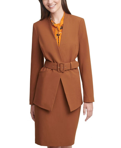 Calvin Klein Women's Collarless Belted Blazer Jacket 10 Brown