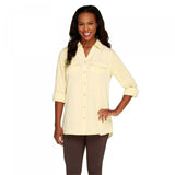 Denim & Co. Women's Roll Tab Sleeve Button Front Soft Utility Tunic Blouse