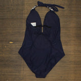 Kona Sol Crochet Trim Plunge One Piece Swimsuit Navy Medium