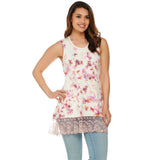 LOGO by Lori Goldstein Plus Floral Lace Hem Tank With Ribbed Neckline