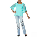 DG2 by Diane Gilman Women's Plus Size Lace Sleeve Top