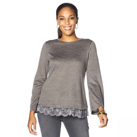DG2 by Diane Gilman Women's Bell Sleeve Knit Top With Lace Hem