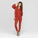 Universal Thread Plaid Long Sleeve Crewneck Button-Front Peasant Top