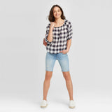 Universal Thread Women's Plaid Bubble 3/4 Sleeve Round Neck Top
