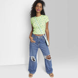 Wild Fable Women's Short Sleeve Slim Fit Baby T-Shirt Green / Blue Floral L