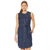 Lemon Way Women's Belted Sleeveless Stretch Denim Button Down Shirt Dress