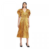 Who What Wear Women's Animal Spot Shirred Short Sleeve V-Neck Midi Dress