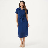 Du Jour Button Front Shirt Midi Dress With Tie Detail Navy XS