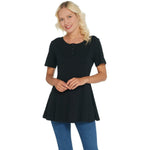 Denim & Co. Essentials Round Neck Fit And Flare Henley Knit Top Black Small