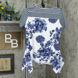 DG2 by Diane Gilman Floral and Stripe Scarf Hem T-Shirt Navy Small