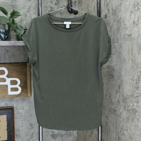 Ava & Viv Cuffed Short Sleeve Crewneck T-Shirt Olive Green Plus X
