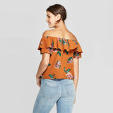 Xhilaration Women's Floral Print Short Sleeve Off The Shoulder Tie Front Top