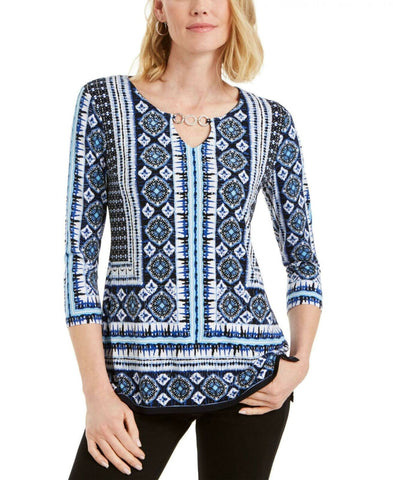 JM Collection Petite Geo Studded Link Neck Knit Top