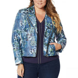 Colleen Lopez Women's Plus Size Edgy Faux Leather Moto Jacket Blue Floral 1X