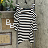 Nina Leonard Women's Plus Size Striped Cold Shoulder Top Black 2X