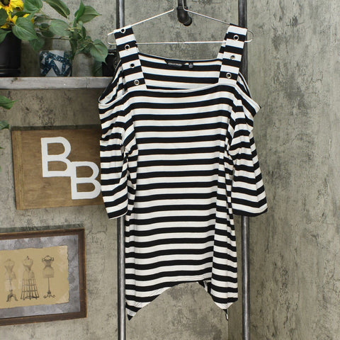 Nina Leonard Women's Plus Size Striped Cold Shoulder Top Black 2X