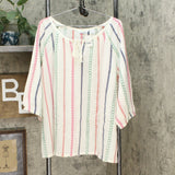 Lemon Way Women's Plus Size Tie Tassel Front Striped Peasant Blouse