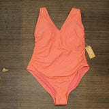 Kona Sol Women's Plus Size V-Neck High Leg One Piece Swimsuit Peach 14W