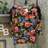 Susan Graver Women's Printed Liquid Knit Top With Lace Chiffon Detail