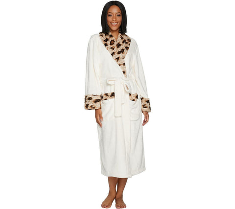 Dennis Basso Plush Robe with Leopard Faux Fur. H213176 Ivory XS