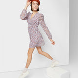 Wild Fable Floral Print Long Sleeve Deep V-Neck Puff Mini Dress
