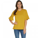 Denim & Co. Women's Studio Round Neck Elbow Bell Sleeve Hi-Low Hem Top