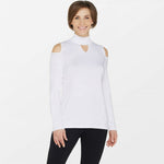 Susan Graver Women's Cold Shoulder Mock Neck Sweater White Medium