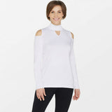 Susan Graver Women's Cold Shoulder Mock Neck Sweater White Medium