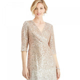R&M Richards Women's Wrap V-Neck Sequin Dress Gown