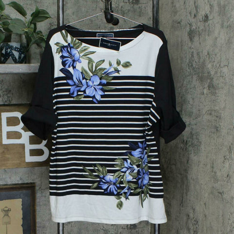 Karen Scott Plus Size Floral Print Striped Knit Top