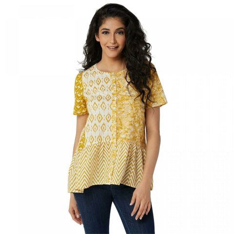 LOGO by Lori Goldstein Women's Mixed Print Button Front Peplum Top