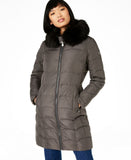 Calvin Klein Women's Hooded Faux Fur Trim Down Puffer Coat Grey Large