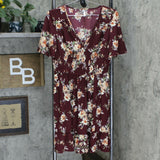 Xhilaration Floral Print V Neck Smocked Waist Mini Dress Burgundy Medium