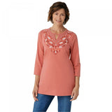 Denim & Co. Petite Embroidered Round Neck 3/4-Sleeve Tunic T-Shirt