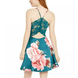 City Studio Women's Junior Fit Lace Back Floral Print Fit and Flare Dress